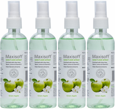 Maxisoft Sanitizer Spray (Green Apple) 120 ml | Aloe & Neem | Paraben Free Hand Sanitizer Bottle(4 x 120 ml)