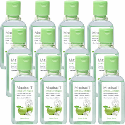 Maxisoft Sanitizer (Green Apple) | Aloe & Neem | Paraben Free Hand Sanitizer Bottle(12 x 60 ml)