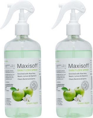 Maxisoft Sanitizer Spray (Green Apple) 500 ml | Aloe & Neem | Paraben Free Hand Sanitizer Bottle(2 x 500 ml)