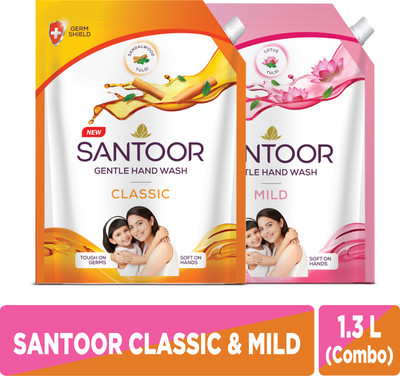 Santoor Classic Gentle and Mild Gentle with Nature's Goodness Hand Wash Pouch(2 x 1.3 L)