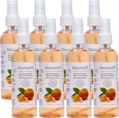Maxisoft Sanitizer Spray (Orange) 120 ml | Aloe & Neem | Paraben Free Hand Sanitizer Bottle(8 x 120 ml)