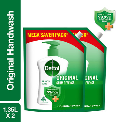 Dettol Original , liquid for bottle, Pouch, soap, no powder, 10X Germ Protection Hand Wash Refill Pouch(2 x 1.35 L)
