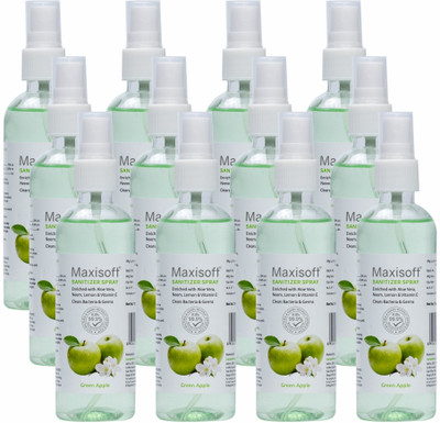 Maxisoft Sanitizer Spray (Green Apple) 120 ml | Aloe & Neem | Paraben Free Hand Sanitizer Bottle(12 x 120 ml)