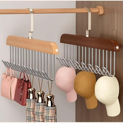 SIMESTICH 8 Hook Adjustable Clothes Hanger Wooden Belt Pack of 2 Hangers For  Belt(Brown)