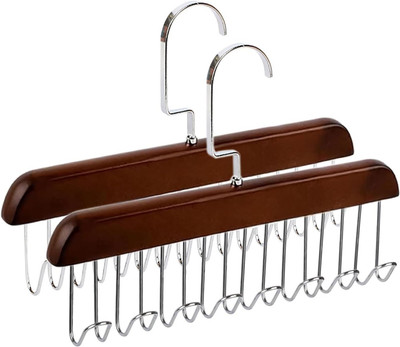 PERIZONE Wooden Clothes Hangers with 8 Metal Hooks for -Belts,Scarf-Closet Space Saving Wooden Tie Pack of 2 Hangers For  Tie(Brown)