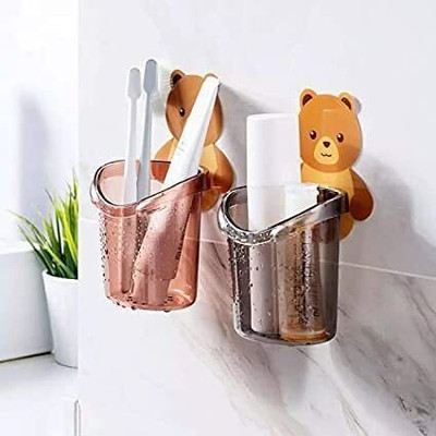 WebDealz Pack of 1 Teddy Toothbrush Holder with Adhesive Sticker Unique Design x1.1173 Plastic Toothbrush Holder(Multicolor, Wall Mount)