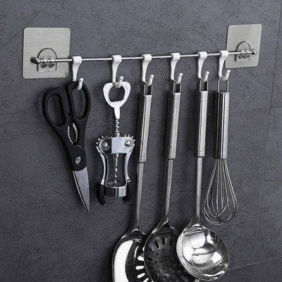 Shreejee Magic Sticker ABS Stainless Steel Series 6 Hooks Wall Mounted Utensil Hanging Hook Rail 1(Pack of 1)
