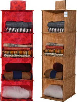 HOMESTIC Pack of 2 Hanging Closet 4-Tier Organizer for Wardrobe | Flowers- Red & Brown Accessories Organizer