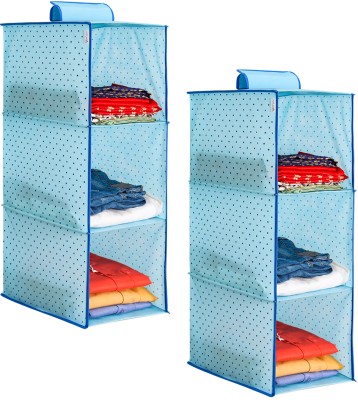 PrettyKrafts Hanging 3 Shelves Foldable Wardrobe Cloth Closet Organizer,DotsBlue Pack of 2 Regular Organizer