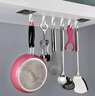 WebDealz Wall 6 Hooks Hanger Self Adhesive Mounted -H67 with Stainless Hook Rail 1(Pack of 1)
