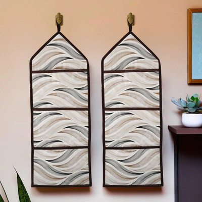 KUBER INDUSTRIES Pack of 2 Wave-Design 3 Multi-Purpose Pocket Wall Hanging Organizer | Cream Stationery Organizer