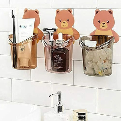 Shreejee Pack of 3 Self Adhesive Wall Mount Teddy Bear Multipurpose Holder x3.442 Acrylic Toothbrush Holder(Multicolor, Wall Mount)