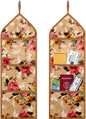KUBER INDUSTRIES PVC Flower Design Paper Holder|Document Holder with 3 Pocket|Pack of 2|Beige Stationery Organizer