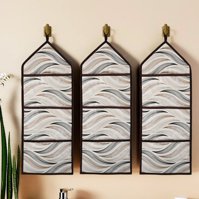 KUBER INDUSTRIES Pack of 3 Wave-Design 3 Multi-Purpose Pocket Wall Hanging Organizer | Cream Stationery Organizer