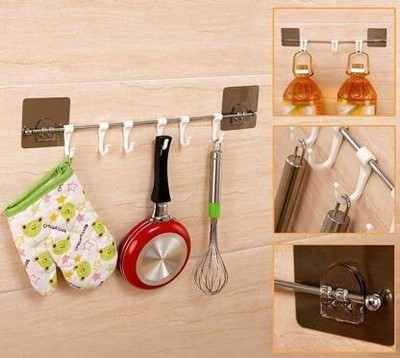 Radha Wall 6 Hooks Hanger Self Adhesive Mounted -H67 with Stainless Hook Rail 1(Pack of 1)