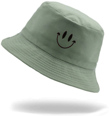 REFFER Smiley Embroidered Cotton bucket hat for men and women, beach hat, sun hat(Green, Pack of 1)