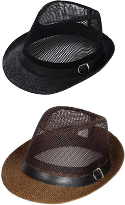 ZACHARIAS Fedora Cowboy Breathable Mesh Net Hat Cap Free Size(Black, Brown, Pack of 2)