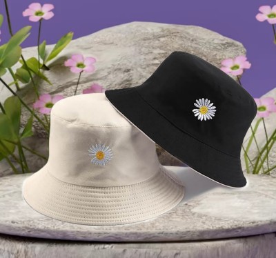 REFFER Daisy Sunflower Embroidered Unisex foldable cotton Reversible Bucket Hat(Beige, Black, Pack of 1)