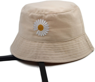 Highever Cute Daisy Embroidered foldable cotton Bucket Hat For Women(Beige, Pack of 1)