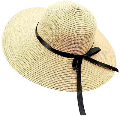 ACCERY Summer Medium Brim Floppy with Ribbon Beach Straw Hats for Women(Beige, Pack of 1)