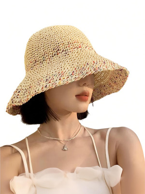 KRAPTICK Crocheted Straw Hat for Women Foldable Summer Beach Hat with Wide Brim(Beige, Pack of 1)