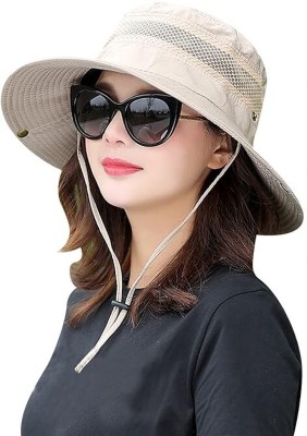 AlexVyan Round Crown Hat Sun Visor Hats for Women UV Protection Wide Brim Summer Cap(Beige, Pack of 1)