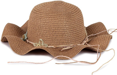 Adorazone Girl's Crochet Summer Beach Hat with Floral Accents |UV-Protected(Brown, Pack of 1)