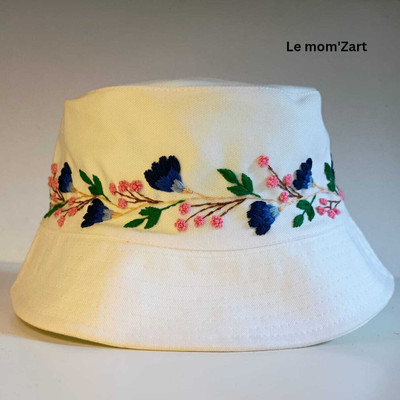 lemomzart Hand-embroidered hat with floral pattern(White, Pack of 1)
