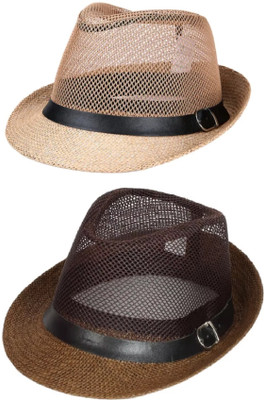 ZACHARIAS Fedora Cowboy Breathable Mesh Net Hat Cap Free Size(Beige, Brown, Pack of 2)