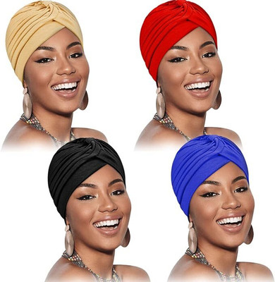 Bismaadh 4 Pieces Stretch Polyester Turbans Head Beanie Cover Twisted Hat for Women Girl(Black, Red, Beige, Royal Blue, Pack of 4)