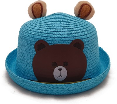 VRITRAZ Beautiful straw hat spring summer children baby boy girl kids unisex printed cartoon fancy dress cap Bear Blue(Blue, Pack of 1)