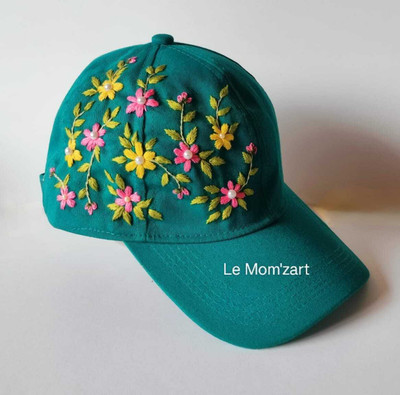 lemomzart Hand-embroidered cap with floral pattern(Green, Pack of 1)