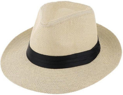 WildCard India Men Women Straw Panama Hat Fedora Trilby Cap Sombrero Sunhat Wide Brim Beige(Beige, Pack of 1)