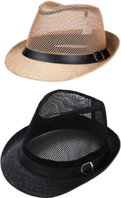 ZACHARIAS Fedora Cowboy Breathable Mesh Net Hat Cap Free Size(Black, Beige, Pack of 2)