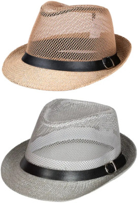 ZACHARIAS Fedora Cowboy Breathable Mesh Net Hat Cap Free Size(Beige, Grey, Pack of 2)