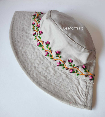 lemomzart Hand-embroidered hat with floral pattern(Light Beige, Pack of 1)