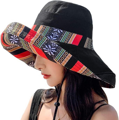 AlexVyan Large Wired Designer Bucket Cap Hats Reversible for Girls Summer Cap(Black, Pack of 1)