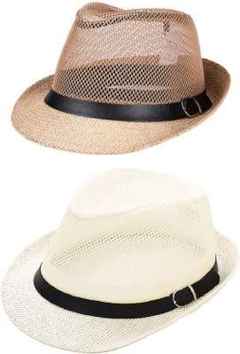 ZACHARIAS Fedora Cowboy Breathable Mesh Net Hat Cap Free Size(Beige, Fawn, Pack of 2)