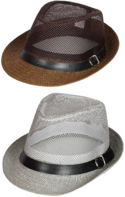 ZACHARIAS Fedora Cowboy Breathable Mesh Net Hat Cap Free Size(Brown, Grey, Pack of 2)