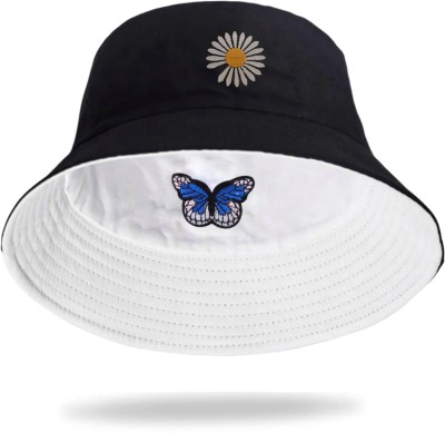 REFFER Daisy flower butterfly Embroidered Unisex foldable cotton Reversible Bucket Hat(White, Black, Pack of 1)