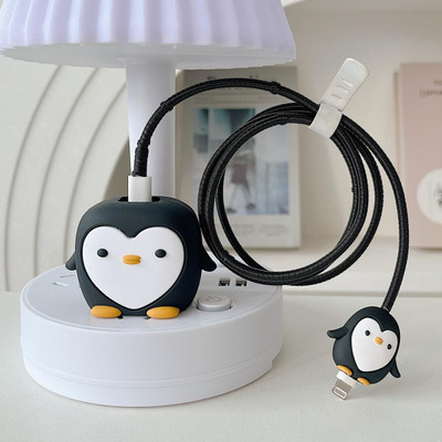 SONVI Silicone Press Stud Headphone Case For Charger case 18w and 20w iPhone 11 12 13 14 15 16 Pro Max(Charger Cover For 18W/20W | Cartoon Character 3D Design Black Penguin)