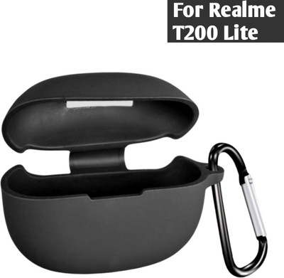 Evaton Silicone Press Stud Earbuds Case For realme Buds T200 Lite, Silicone Cover With GUM Sticker(Black)