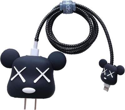 Webilla Silicone Press Stud Headphone Case For Apple Charger Cover(iPhone Charger Cover For 18W/20W | Cartoon Character 3D Design Black Bear)