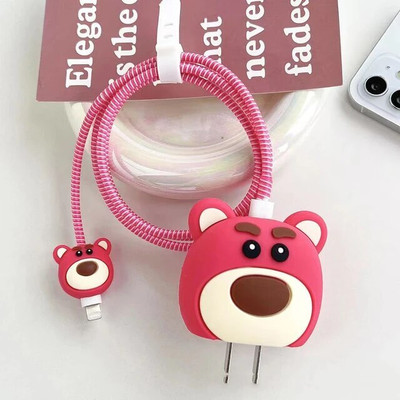Midos Silicone Press Stud Headphone Case For iPhone Charger 18w / 20w Case(Pink Bear)