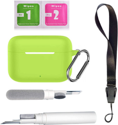 Leiox Silicone Press and Release Earbuds Case For Realme Buds T200 Case With With Wipes Cleaner Kit & Lanyard(Combo Neon Green)