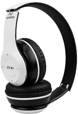 Techfly P47_WH-4_Wireless Bluetooth Headphone with Mic|High Bass|Clear Sound| Bluetooth(White, On the Ear)