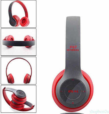 Techfly P47_RE-2_Wireless Bluetooth Headphone with Mic|High Bass|Clear Sound| Bluetooth(Red, On the Ear)