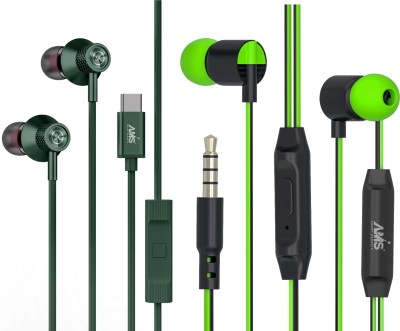 AMS Eco & A153 Wired Earphones with Type-C & 3.5mm Audio Jack ,HD Sound with mic Wired Headset(Green, Green, In the Ear)