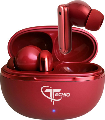 TECHIO Nirvana Red Earbuds E15 | Bluetooth 5.3 | 30Hr Backup | ANC | Gaming Mode Bluetooth(Red, True Wireless)