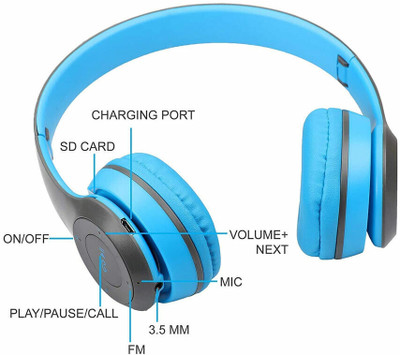 Treadmill P-47 Deep Bass and Sports Gaming headset with Long Battery Life Bluetooth(Blue, On the Ear)